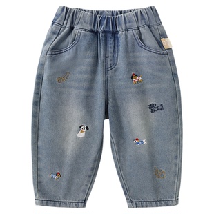 咔咔熊猫男童牛仔裤春季女童长裤婴儿2026新款小宝宝套装儿童裤子