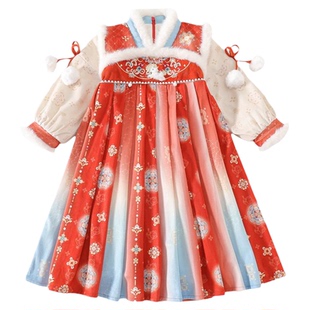 汉服女童2025冬款儿童国风仙气加绒表演襦裙女孩红色连衣裙拜年服