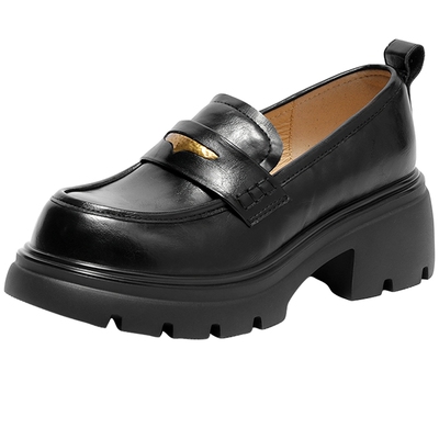 森达厚底增高乐福鞋英伦风黑色女