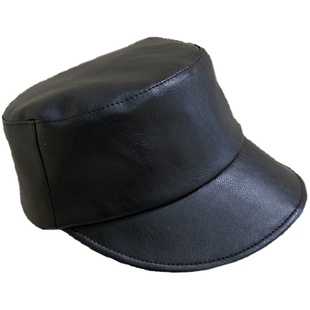 新款春秋款皮质黑色平顶鸭舌帽子女百搭休闲复古马术帽大头围报童