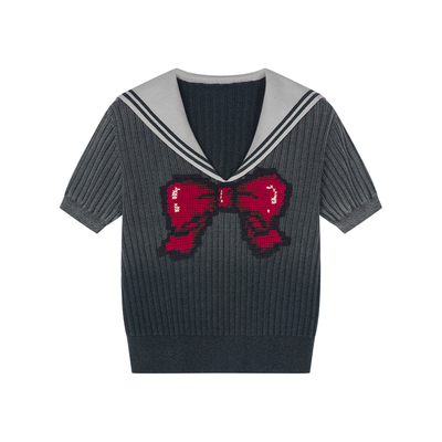 蝴蝶结渐变海军领针织T恤