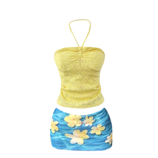 XZY/欣争艳 微胖mm多巴胺设计感辣妹抹胸上衣女25年夏度假风套装