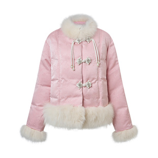 MAXRIENY新中式提花羽绒服25冬款古典国风盘扣狐狸毛领保暖外套女