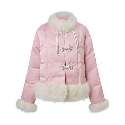 MAXRIENY新中式提花羽绒服25冬款古典国风盘扣狐狸毛领保暖外套女