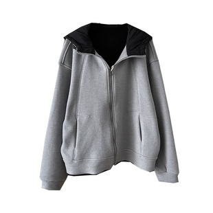 冬季加绒毛呢连帽灰色卫衣外套宽松休闲保暖拉链开衫夹克外套女