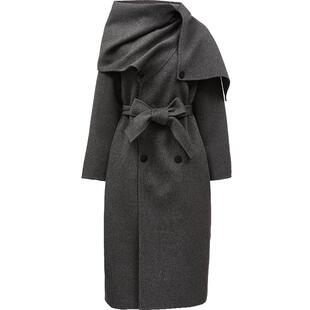 【白月光】ONLY冬季纯绵羊毛质感双面呢系带长款围巾毛呢大衣外套