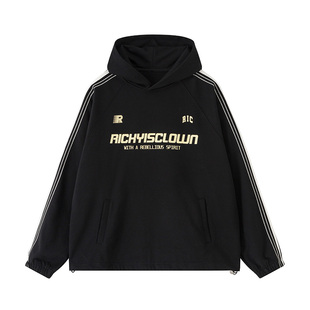 RickyisClown25秋季织带链条绣连帽套头情侣卫衣撞色宽松潮牌