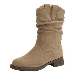 达芙妮靴子女美拉德冬季骑士2026新款加绒中筒堆堆牛仔短靴马丁靴