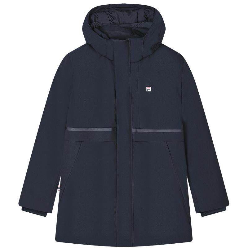 FILA 斐乐官方男士中长款羽绒服2023冬休闲简约基础连帽外套