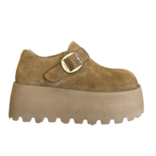 拉长腿型~冬加绒牛皮小个子增高配阔腿裤松糕厚底鞋勃肯鞋女棉鞋