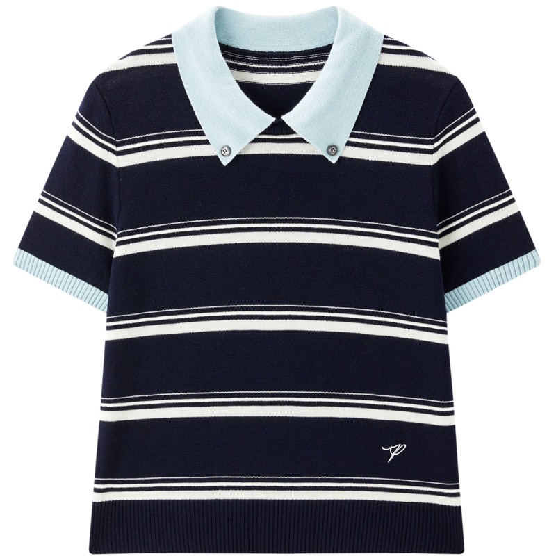 太平鸟miu系条纹撞色短袖针织衫26春夏新款羊毛混纺通勤翻领上衣