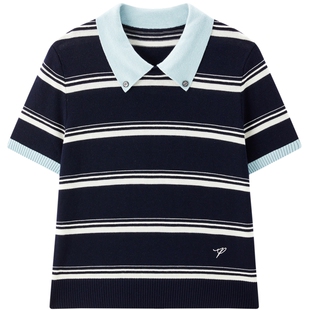 太平鸟miu系条纹撞色短袖针织衫26春夏新款羊毛混纺通勤翻领上衣