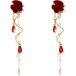 红色花朵长款锆石水滴耳坠耳环女独特漂亮耳钉适合冬天的耳饰小众