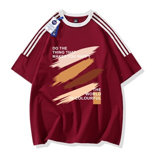 夏季美式重磅纯棉三条杠短袖T恤男女款休闲宽松百搭上衣服五分袖