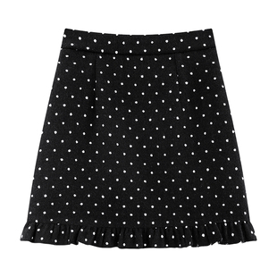 大码胖m木耳边毛呢短裙女秋冬设计感高腰遮肚黑色波点包臀半身裙