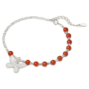 潮宏基花韵s925银玛瑙和田玉手链银饰蝴蝶碎银子手串手饰送妈妈女