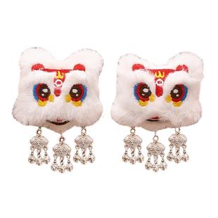 儿童毛绒醒狮流苏发夹2025新年古风头饰女童可爱侧边发卡过年发饰