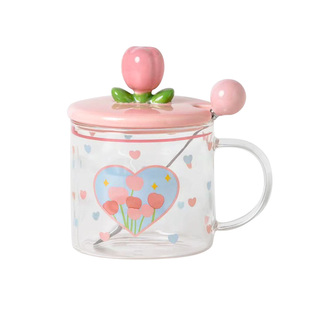 郁金香水杯高颜值ins风高硼硅玻璃杯带盖勺可爱少女心牛奶早餐杯