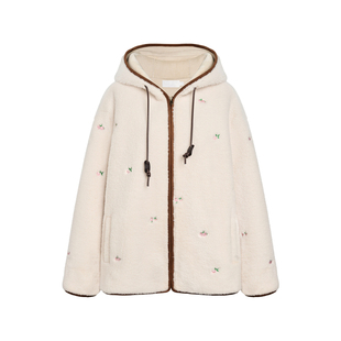 Kroche 冬日花园 定制玫瑰花刺绣 皮毛一体羊羔毛连帽外套
