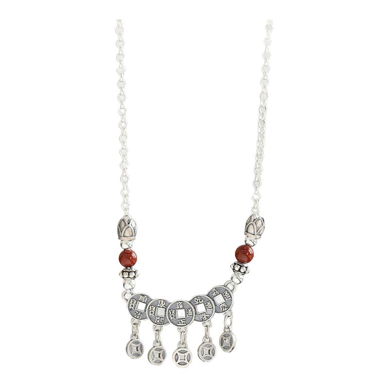 925银玛瑙五帝钱国潮风项链锁骨链女高级新中式小众设计链子