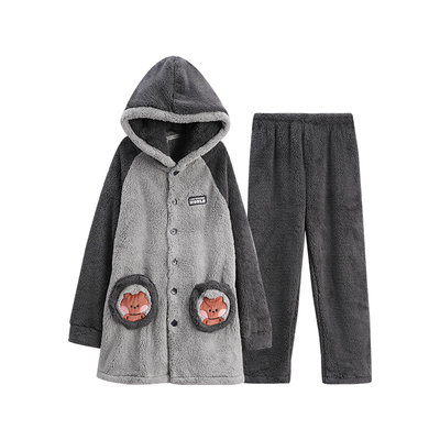 芬腾男士睡衣秋冬珊瑚绒连帽套装