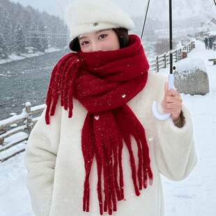 酒红色纯色围巾女秋冬季韩系氛围感马海毛加厚女生高级感新年围脖