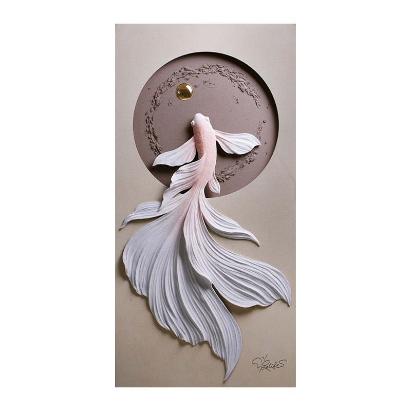 福雕锦鲤鱼3d玄关立体装饰画正对门过道浮雕画挂画客厅背景墙灯光