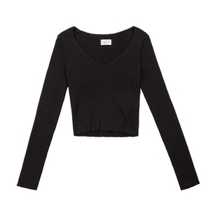 马登美式正肩V领纯棉针织衫上衣黑色内搭打底短款基础长袖t恤秋女