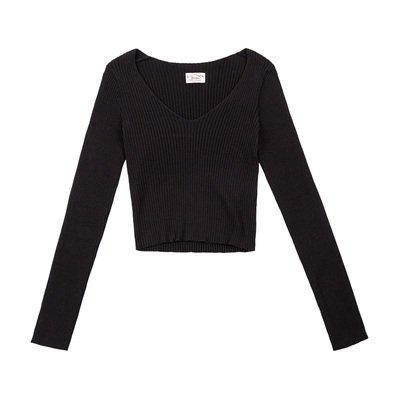 纯棉V领坑条修身针织衫马登女装