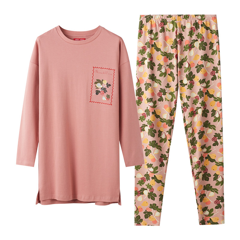 雅婷雅雯【纯棉】春秋款睡衣女中长款家居服加肥加大码显瘦套装
