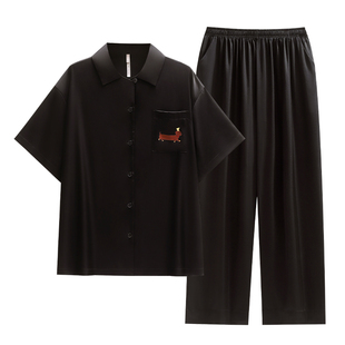 悦内情侣睡衣女款夏季夏天冰丝绸短袖长裤家居服男士黑色狗高级感
