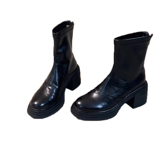 羊皮版~高跟短靴女2025新款增高马丁靴小个子粗跟弹力瘦瘦裸靴子