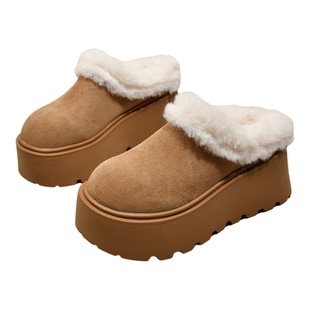 品牌真皮加绒毛毛鞋女2025新款小个子厚底勃肯雪地靴冬季保暖棉拖