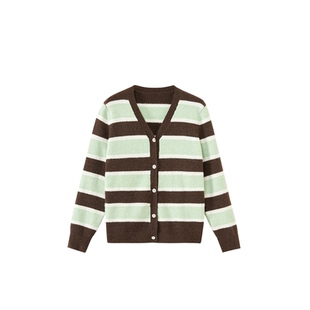 老章和小胖PONGKIKI苹果奶咖条纹羊毛开衫女大码显瘦遮肉针织衫冬