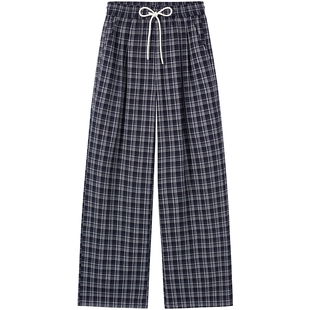 热风女士格子长裤宽松直筒阔腿裤2026年春季新款韩系慵懒风长裤