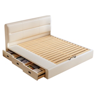 奶油风薄床头储物床小户型主卧静音双三抽齐边收纳大床可定制尺寸