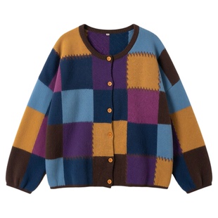 紫色格子拼接毛衣外套女秋季新款韩系宽松慵懒风显瘦长袖针织开衫