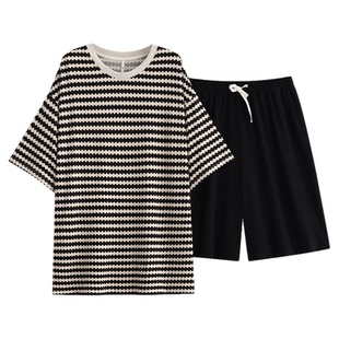 悦内男士睡衣夏季短袖短裤纯棉家居服男款薄夏款圆领套头条纹休闲