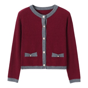 Basic House/百家好小香风撞色红色毛衣开衫秋季时尚宽松外搭上衣