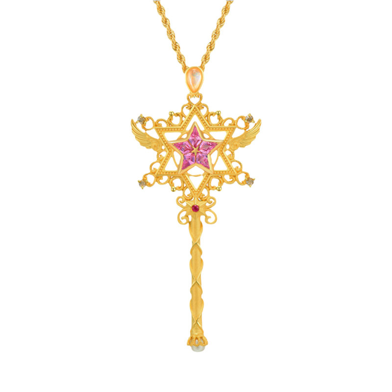 PINKBOX仲夏夜之星黄金吊坠999足金镶嵌粉蓝宝月光石挂坠手工工艺