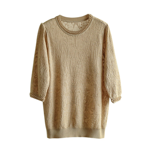 重工钉珠领口!优雅蕾丝提花七分袖含羊毛针织衫套头上衣春夏新款