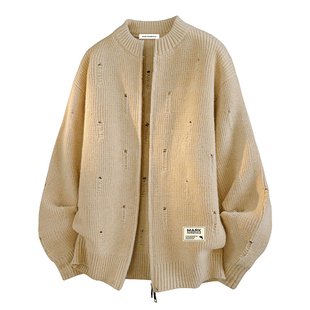 马克华菲破洞开衫毛衣男士冬季慵懒高级感针织衫男款休闲内搭上衣