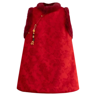 胖女童中国风连衣裙无袖加大码中大童加厚保暖春节新年装背心裙子