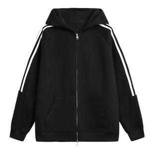 阿于呆新款纯色三条杠连帽拉链卫衣男宽松百搭插肩袖开衫外套女潮