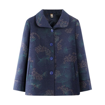 妈妈毛呢衣服秋冬装印花大码外套