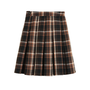 pusumede复古压褶格子半身裙女秋冬高腰显瘦毛呢百褶裙设计感裙子