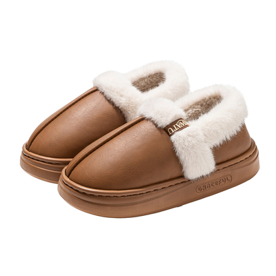 皮面防水棉拖鞋女包跟2025新款