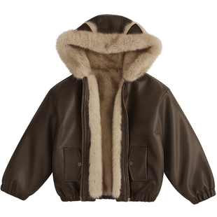 女童加绒皮衣外套冬季新款儿童夹克中大童棉衣童装双面穿皮草大衣