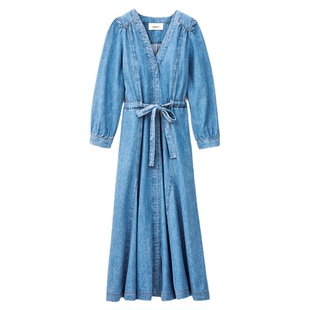 【2件8折】bash春季法式复古牛仔蓝裙子女长袖V领连衣裙1H25LIA