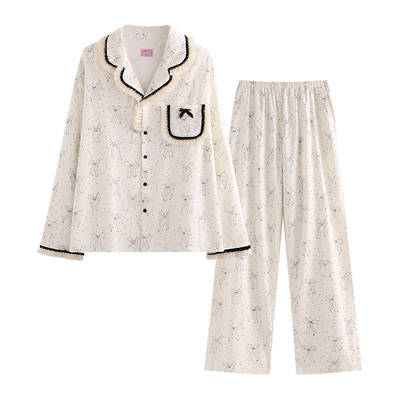 侘町蝴蝶结黑白puggy2025新款秋冬睡衣套装女款纯棉可外穿家居服